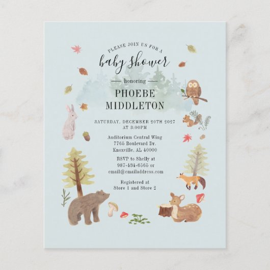 Budget Baby Shower Woodland Tiere Einladung (Vorderseite)