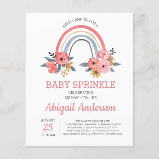 Budget Baby Sprinkle Rainbow Floral Einladung Flyer (Vorne)