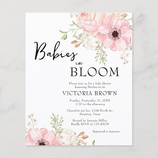 Budget Babys in Bloom Baby Dusche Einladung (Vorderseite)