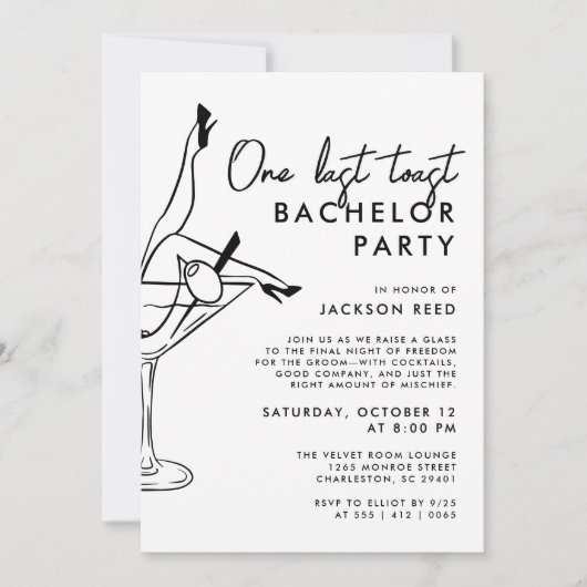 Budget Bachelor Party Black and White Martini Einladung (Vorderseite)