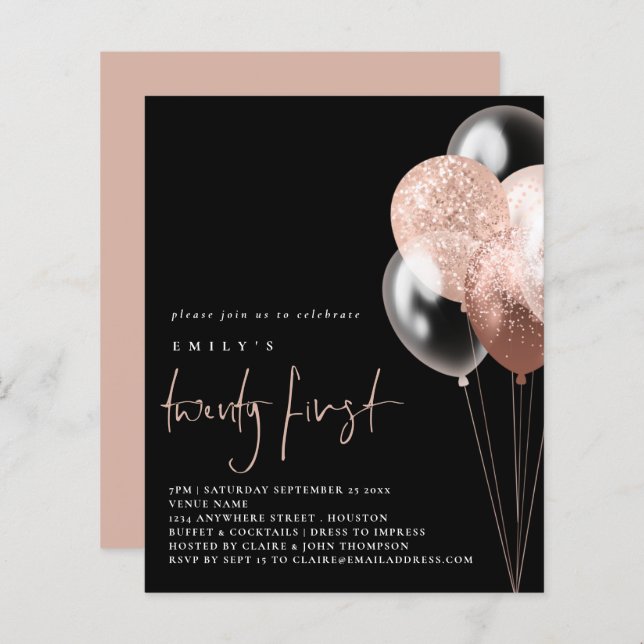 Budget Balloons Script Rose Gold 21. Black Invite (Vorne/Hinten)