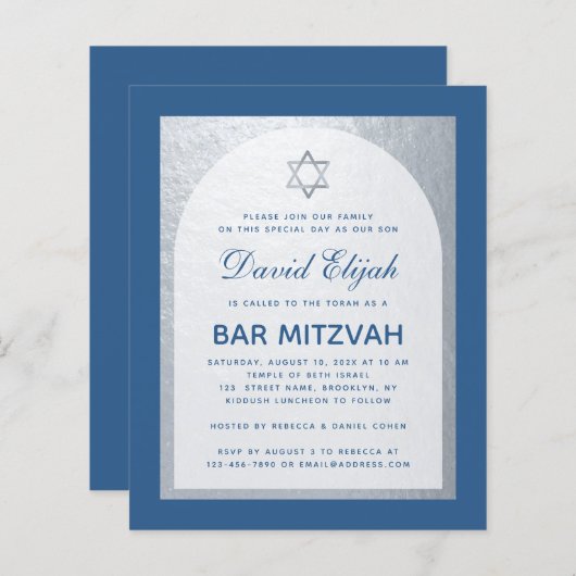 Budget Bar Mitzvah Classic Blue Silver Einladung (Vorne/Hinten)