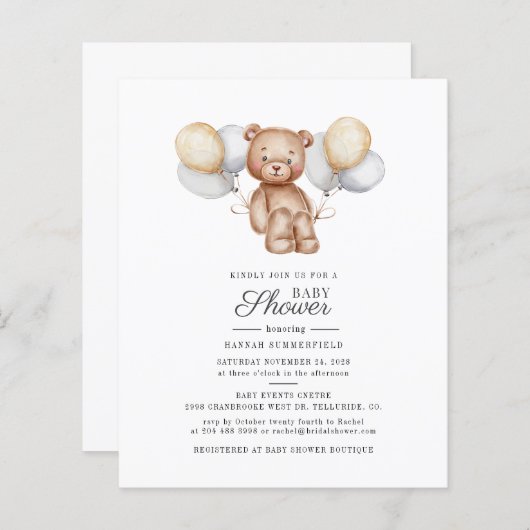 Budget Bärenballons Skriptdusche Einladung (Vorne/Hinten)