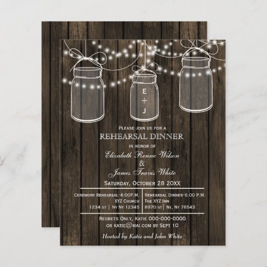 Budget Barn Wood Mason Jar Probe Dinner einladen (Vorne/Hinten)