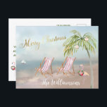 Budget Beach Flamingo Wreath Einmaliges Weihnachts Ankündigungspostkarte<br><div class="desc">Frohe Weihnachten an diesem schönen Watercolor Beach - friedliche und sanfte Szene mit zwei Liegestühlen - freundlicher Flamingo mit schönem Kranz - Palm mit ein paar Ornamenten. Auch in verschiedenen Papiergewichten erhältlich - Ihre Auswahl. Alle Design-Fragen, senden Sie einfach eine E-Mail an charmdesignstudio@rcn.com und wir freuen uns, Ihnen zu helfen....</div>