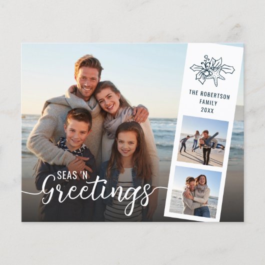 Budget Beach Script 3 Foto Collage Weihnachtskarte (Vorderseite)