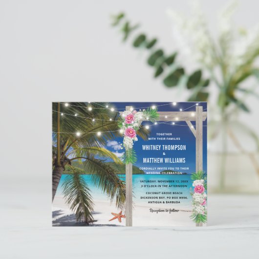 Budget Beach Tropical Wedding Einladung (Stehend Vorderseite)