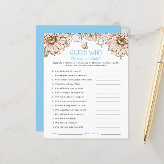 Budget Bee Guess Who Mama Vater Blue Baby Shower G (Vorderseite/Rückseite Beispiel)