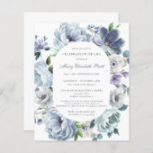 Budget Beerdigung Dusty Blue Floral Einladung (Vorne/Hinten)