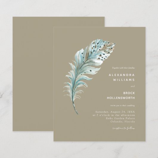 Budget Beige Boho Feather Minimal Wedding Einladun (Vorne/Hinten)