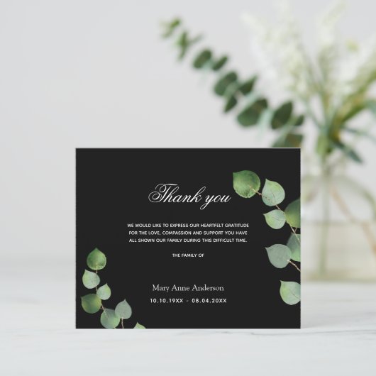 Budget Beileid Schwarzer Eukalyptus Danke Karte (Stehend Vorderseite)