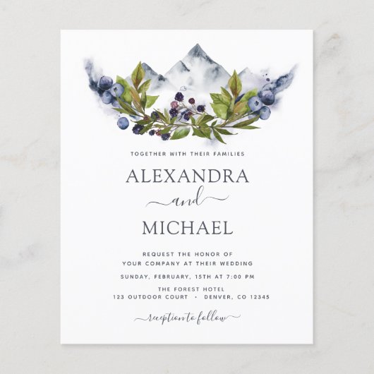 Budget Berg Rustikale Wasserfarbenwelt Hochzeit Flyer (Vorne)