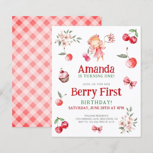 Budget Berry First Cherry Birthday Einladung (Vorne/Hinten)