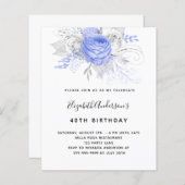 Budget Birthday Blau florale Silber Einladung (Vorne/Hinten)