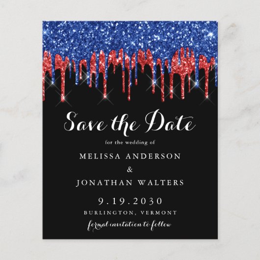 Budget Black Blue Glitzer Tropfen Save the Date (Vorderseite)