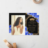 Budget Black Blue Gold Floral Foto Quinceanera Mitteilungskarte (Vorderseite/Rückseite Beispiel)