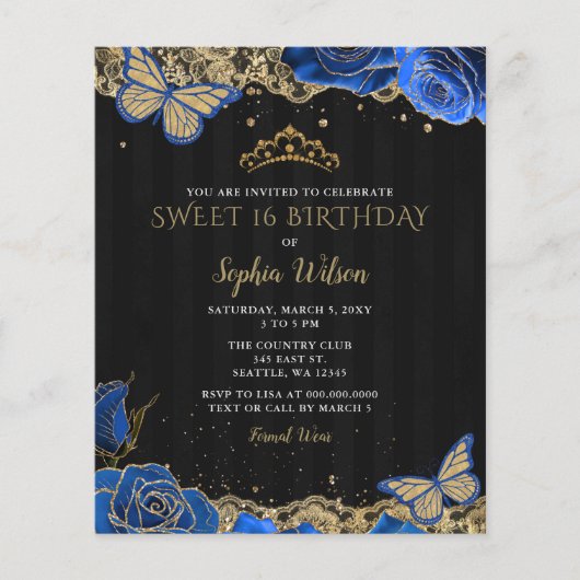 Budget Black Blue Rose Lace Sweet 16 Einladung (Vorderseite)