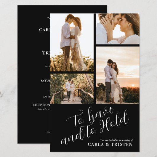 Budget Black Collage 4 Foto Hochzeit Einladung (Vorne/Hinten)