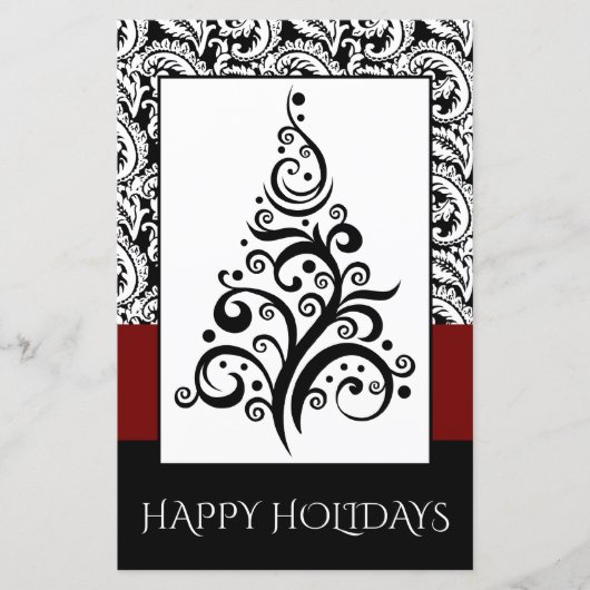Budget Black Damask Weihnachtsbaum Weihnachtskarte (Vorderseite)
