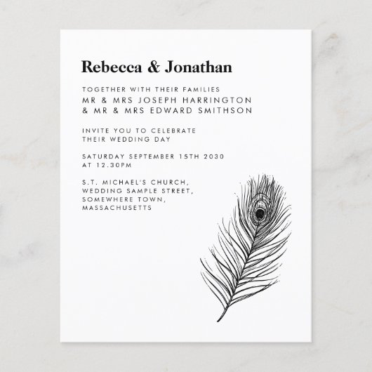 Budget Black Feather Wedding Einladung (Vorderseite)