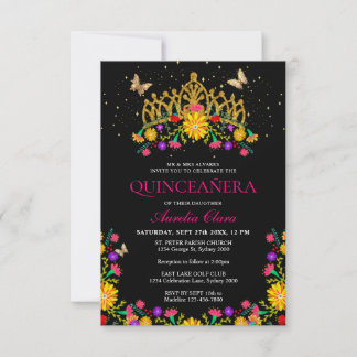 Budget Black Fiesta Floral Gold Tiara Quinceanera Mitteilungskarte