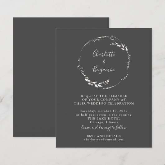 Budget Black Floral Wreath Script Einladung (Vorne/Hinten)