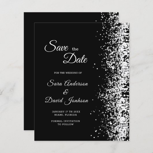 Budget Black Glitzer Save the Date Einladung (Vorne/Hinten)
