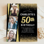 Budget Black Gold 3 Foto Film Glitzer Geburtstag<br><div class="desc">Modern Glam Black Gold Glitzer Sparkle Elegante Drehbuch Kalligrafie 3 Foto Film Roll Hollywood Glamour Jedes Alter Geburtstag Einladung</div>