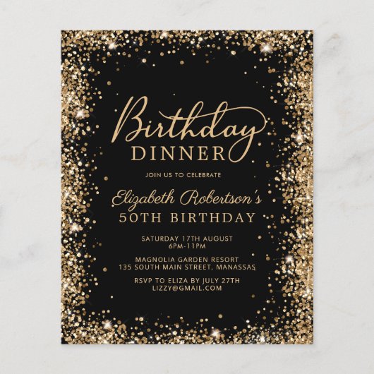 Budget Black Gold 50th Birthday Dinner Invitation (Vorderseite)