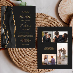 Budget Black Gold Agate 4-Foto Hochzeitseinladung