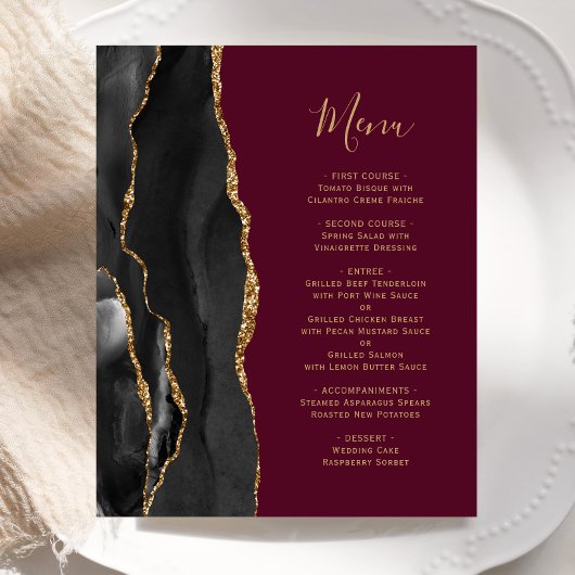 Budget Black Gold Agate Burgundy Wedding Menü