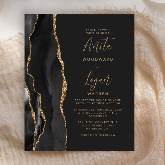 Budget Black Gold Agate Elegante Script Hochzeit
