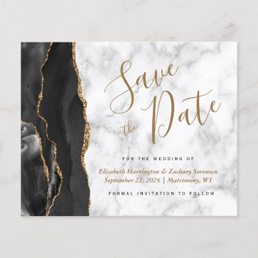 Budget Black Gold Agate Marmor Save the Date (Vorderseite)