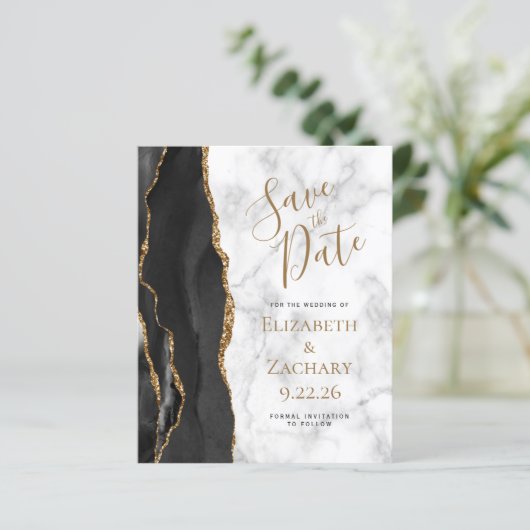 Budget Black Gold Agate Marmor Save the Date (Stehend Vorderseite)