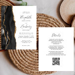 Budget Black Gold Agate QR Code Hochzeitsempfang<br><div class="desc">Die links Seite dieses eleganten, modernen Hochzeitseinladens besticht durch einen schwarzen Aquarellrahmen, der mit vergoldetem Imitat bestickt ist. Der anpassbare Text kombiniert Handschrift, Copperplate und kursiv Schriftart in Holzkohlegrau auf weißem Hintergrund. Fügen Sie zusätzliche Details auf der Rückseite, zusammen mit einem QR-Code, um Ihren Gästen zu helfen, besuchen Sie Ihre...</div>