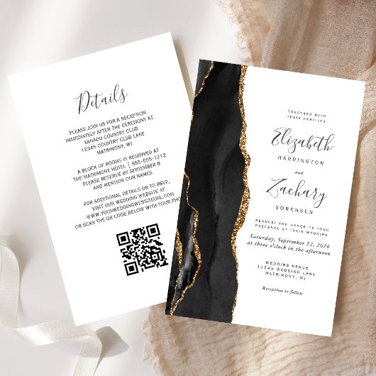 Budget Black Gold Agate QR Code Hochzeitsempfang
