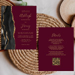 Budget Black Gold Burgund QR Code Einladung<br><div class="desc">Rett die Kosten für das Drucken und Verschicken separater RSVP-Karten mit dieser eleganten, modernen All-in-One-Hochzeitseinladung. Der links Rand ist mit einem schwarzen Aquarellstreifen versehen, der mit goldenen Imitaten Glitzer bestickt ist. Der anpassbare Text kombiniert goldfarbene Handschrift, Copperplate und kursiven Schriftart auf bordeauxfarbenem Hintergrund. Die Rückseite bietet Platz für Hochzeitsdetails auf...</div>