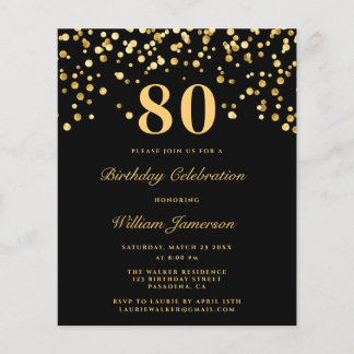 Budget Black Gold Confetti 80. Geburtstagsparty Flyer