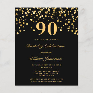 Budget Black Gold Confetti 90. Geburtstagsparty Flyer