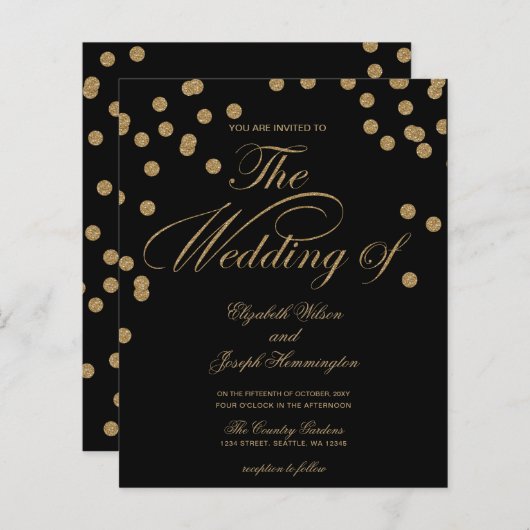 Budget Black Gold Confetti Hochzeit Einladung (Vorne/Hinten)
