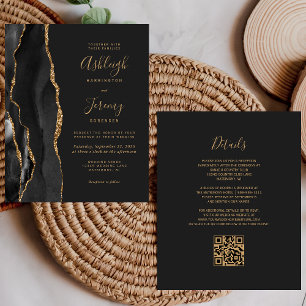 Budget Black Gold Dark QR-Code Hochzeitseinladung