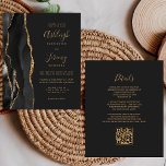 Budget Black Gold Dunkel QR Code Hochzeitsempfehlu<br><div class="desc">Rett die Kosten für das Drucken und Verschicken separater RSVP-Karten mit dieser eleganten, modernen All-in-One-Hochzeitseinladung. Der links Rand ist mit einem schwarzen Aquarellstreifen versehen, der mit goldenen Imitaten Glitzer bestickt ist. Der anpassbare Text kombiniert goldfarbene Handschrift, Copperplate und kursiv Schriftart auf schwarzem Schieferboden. Die Rückseite bietet Platz für Hochzeitsdetails auf...</div>
