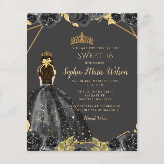 Budget Black Gold Floral Princess SWEET 16 (Vorderseite)