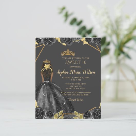 Budget Black Gold Floral Princess SWEET 16 (Stehend Vorderseite)