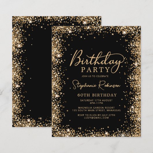 Budget Black Gold Glitter 60th Birthday Invitation (Vorne/Hinten)