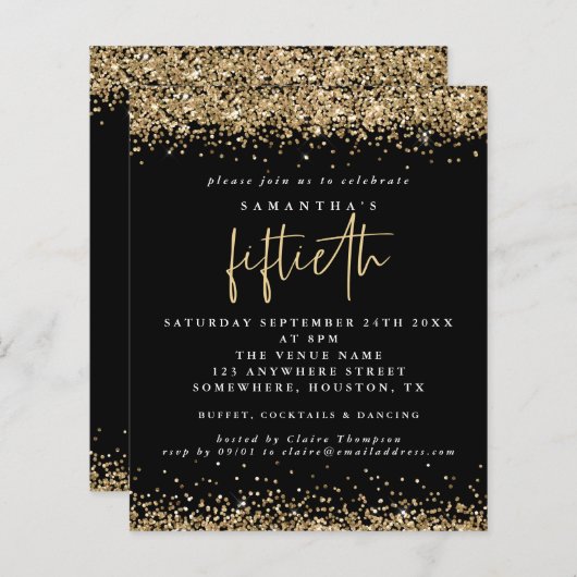 Budget Black Gold Glitzer 50. Party Einladung (Vorne/Hinten)