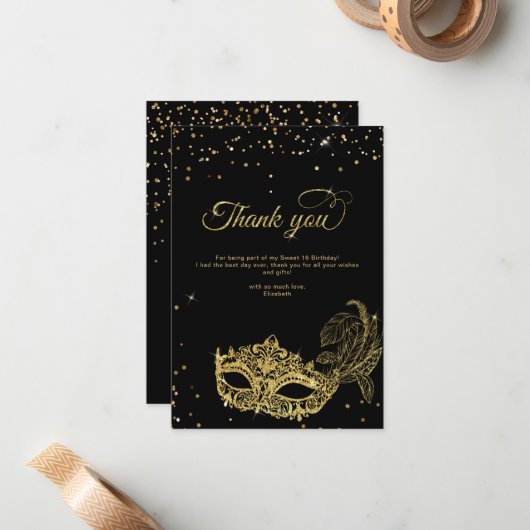 BUDGET Black Gold Glitzer Masquerade Vielen Dank Mitteilungskarte (Vorderseite/Rückseite Beispiel)