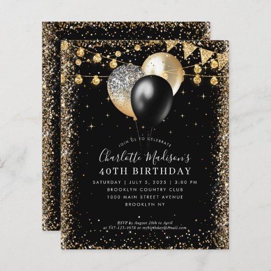 Budget Black Gold Glitzern Lights Balloon Geburtst (Vorne/Hinten)