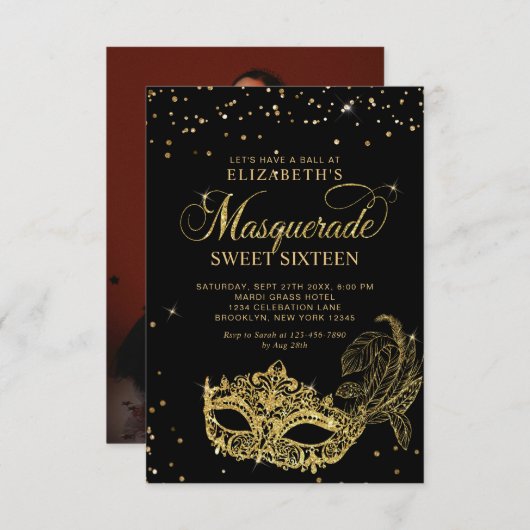 BUDGET Black Gold Masquerade Sweet 16 Photo Mitteilungskarte (Vorne/Hinten)