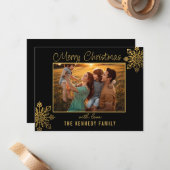 Budget Black Gold Snowflake Merry Christmas Photo Mitteilungskarte (Vorderseite/Rückseite Beispiel)